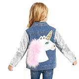 WELAKEN Unicorn Jean Jacket for Girls Kids & Toddler with Sparkly Sleeve, Girls' Spring Outfit Denim Jackets Outerwear