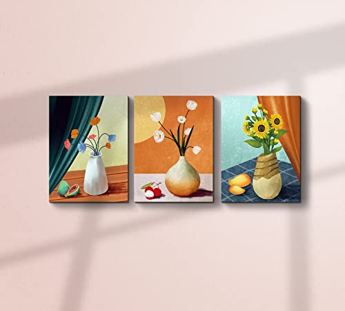Kk·color Still Life Living Room Flower Wall Art Canvas Printing Wall Painting Sunflower Narcissu Orchid Fruits Beautiful Vase For Family Bedroom Bathroom 16"X12" 3 Piece #TOP1