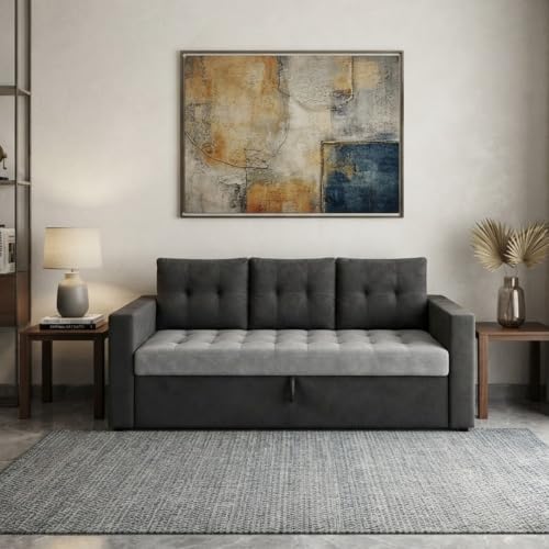 Image of FURNY Tressa 3 Seater Fabric Pull-Out Sofa Cum Bed Function (Dark Gray-Light Gray) | Luxury Velvet Suede Finish | Durable Comfort Sofa Bed for Modern Living Room & Office Spaces
