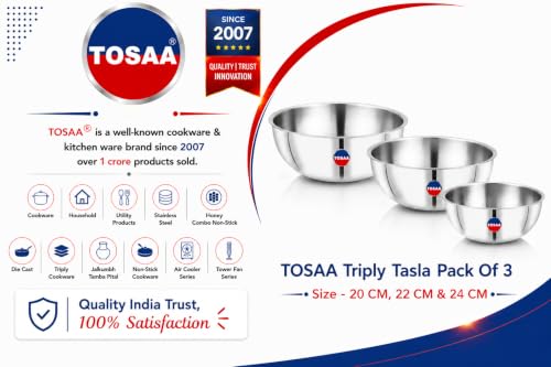 Image of TOSAA Triply Stainless Steel Tasla Set of 3-20 cm (1500 ml), 22 cm (2000 ml) & 24 cm (2600 ml) | Tri-Ply Induction Bottom | Compatible with Gas & Induction | Silver