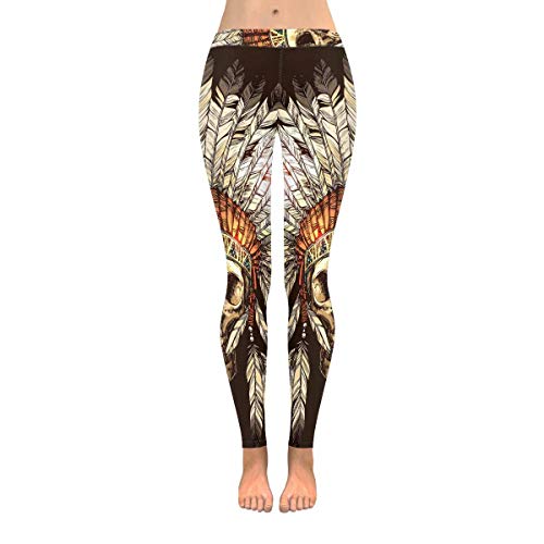 InterestPrint Women\'s Stretchy Yoga Pants Hand Drawn Native American Indian Headdress with Human Skull Running Workout Active Leggings 2XL