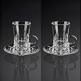 Supercap - Crystal Glass Tea Cups and Saucers, Reusable Clear Coffee Mugs with Handle, Small Turkish Crystal Tea Glasses for Home, Office, Bar, Wedding, Party (Lattice Style, 2pcs)