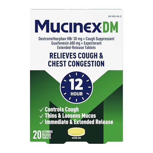 Mucinex DM 12Hr Chest Congestion & Cough Medicine for Adults, Cold and Cough Medicine for Excess Mucus Relief, 600 mg Guaifenesin & 30 mg Dextromethorphan HBr, 20 Bi-Layer Tablets