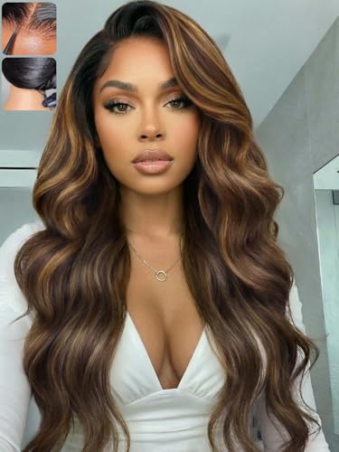 Image of KLAIYI Bye Bye Slip Ombre Balayage Brown Loose Body Wave 7X5 Pre Cut Lace Front Human Hair Wig Drawstring Glueless Highlight Pre Plucked Bleached Knots Wig with Face Framing Bangs 180% Density 26Inch