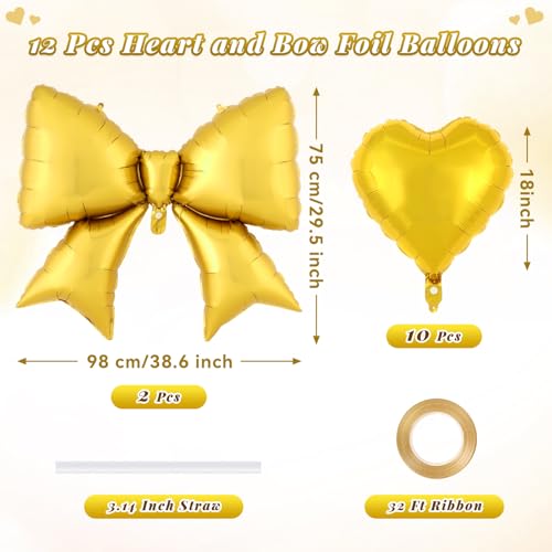 Image of 12 Pcs 18 Inch Heart Balloons and 38 Inch Bow Balloons, Large Foil Bow Heart Balloon Bow Party Decorations for Birthday Baby Shower Valentines Wedding Party