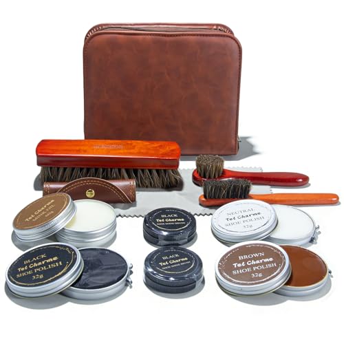 13-Piece Shoe Polish & Care Kit Leather Shine Set with Mink Oil Horsehair Brushes & Wax Ideal for Boots and Shoe Cleaning and Maintenance for Men and Women Fathers Day