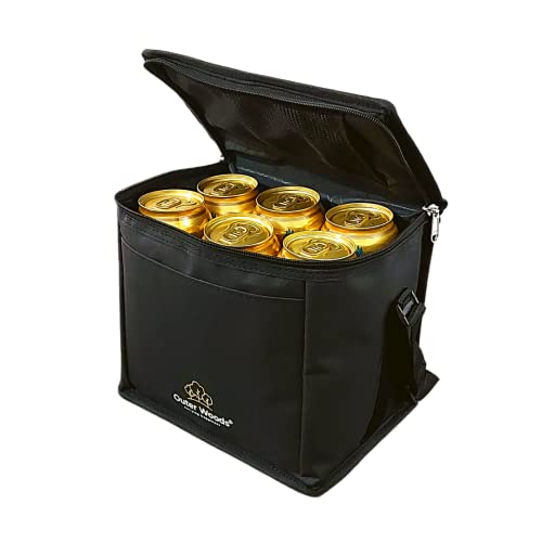 Outer Woods Insulated 6 Can Cooler Bag | Fits 6 x 500ml Beer Cans | Keep Cans Cool for up to 10 Hrs | with 2 Units of Ice Gel Packs (Black)