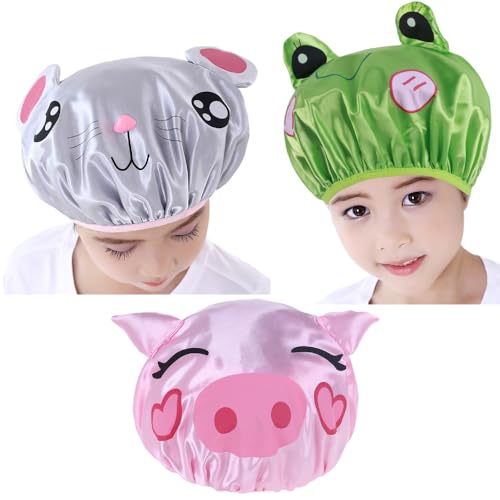 Kids Double Layer Waterproof Shower Caps, 3-Pack Animal Design Bath Hats with Piggy, Frog, Hamster Characters