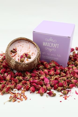 WaxCraft-Coconut-Shell-Candles-Soy-Wax-HolidayHome-DecorGiftHandcrafted-Eco-FriendlyFall-ScentedAromatherapy40-Hours-Burn-timeRose-Magnolia-VanillaDried-Rose-Bud-Petals-116oz