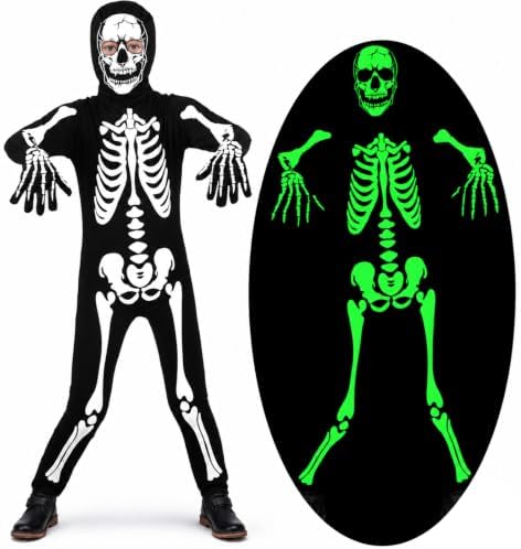 Lubolee Halloween Kostüm Kinder, Skelett Kostüm Kinder Leuchtend für Jungen mit Ganzkörperanzug und Handschuhen Karneval