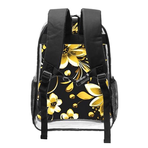 black and gold flowers Print Work Travel Stadium Events Transparent Backpack PVC Clear Bag Large Side Pockets2