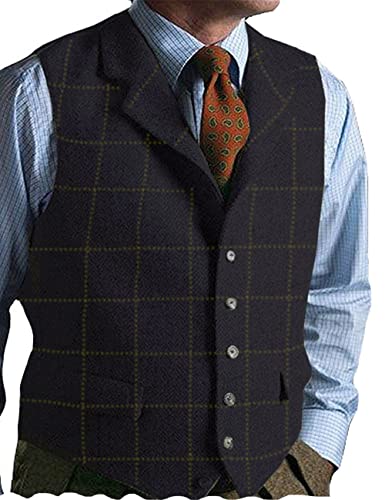 Tuikayoo Mens Retro Suit Vest Plaid Casual Notch Lapel Wool Waistcoat Tweed Herringbone Groomsmen4