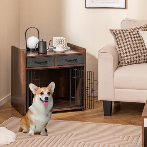 GOPLUS Hundekäfig, Hundebox mit 2 Stoff-Schubladen, abschließbare Tür, Hundehütte Indoor, Tierkäfig Haustierkäfig für Kleine und Mittelgroße Hunde, 62x49,5x63cm