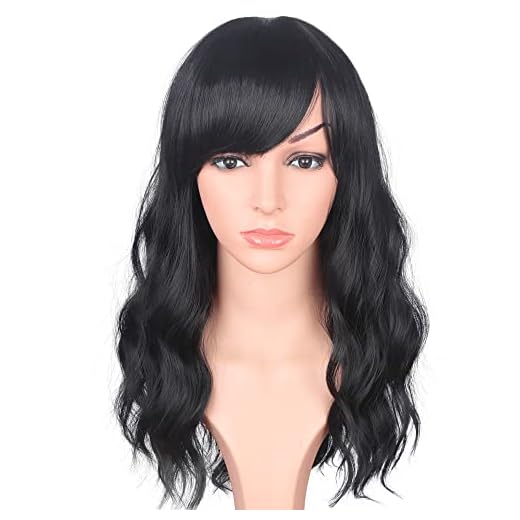 SYMEIW Medium Long Black Wavy Wigs For Women Synthetic Full Hair Natural Black Wigs With Side Bangs For Daily Use 16 Inches (NATURAL BLACK(1#))