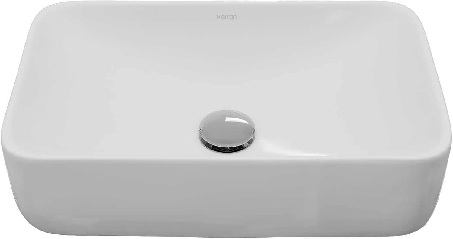 Karran Valera 19" Rectangular Vessel Bathroom Sink – White Above Counter Vitreous China Ceramic Vanity Basin, Modern Tapered Vessel Sink VC-507-WH