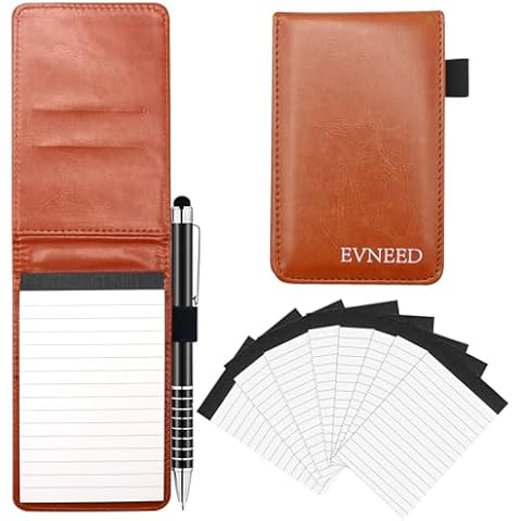 EVNEED Mini Pocket Notepad Holder, Note books with 50 Lined Sheets, Metal Pen, and 8 Pieces 3 x 5 Inch Memo Book Refills，Brown Cover