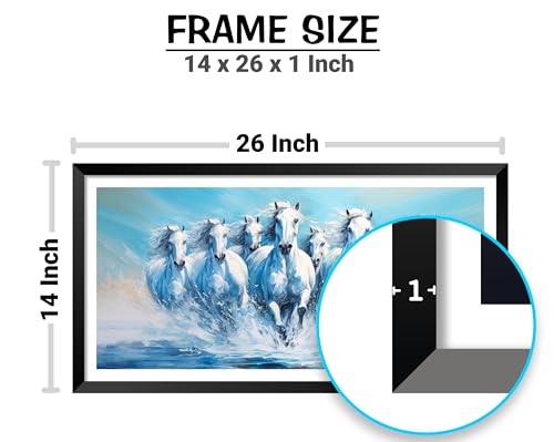 Image of Canvas pe 7 Running Horses Vastu Painting with Frame - White Horses Blue Theme Wall Art for Living Room & Office | Waterproof, 14x26 inch, Synthetic Wood