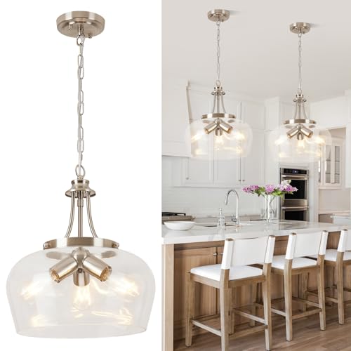 Image of Modern Pendant Lights Kitchen Island, 3-Light Brushed Nickel Pendant Light Fixtures with 14.2 inch Clear Glass Shade,Industrial Hanging Pendant Lights Fixture for Kitchen Island Dining Room Entryway Foyer