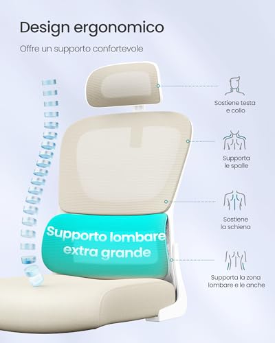Sedia Ergonomica da Ufficio, Sedia Computer, Tessuto Rete a Doppio Strato, Braccioli Sollevabili, Supporto Lombare Adattabile, Poggiatesta Regolabile, per Studio, Beige Sabbia OBN041L01 - Sedia gaming - Immagine 4