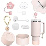 Stanley Cup Accessories Set,Including 2 Pcs 0.4in Straw Cover, 1 Silicone Spill-Proof Stopper Set of 3, 1 Cute Butterfly Handle Charm, 1 Silicone Boot Fits Stanley 40&30 Oz Tumbler (Rose Quartz)