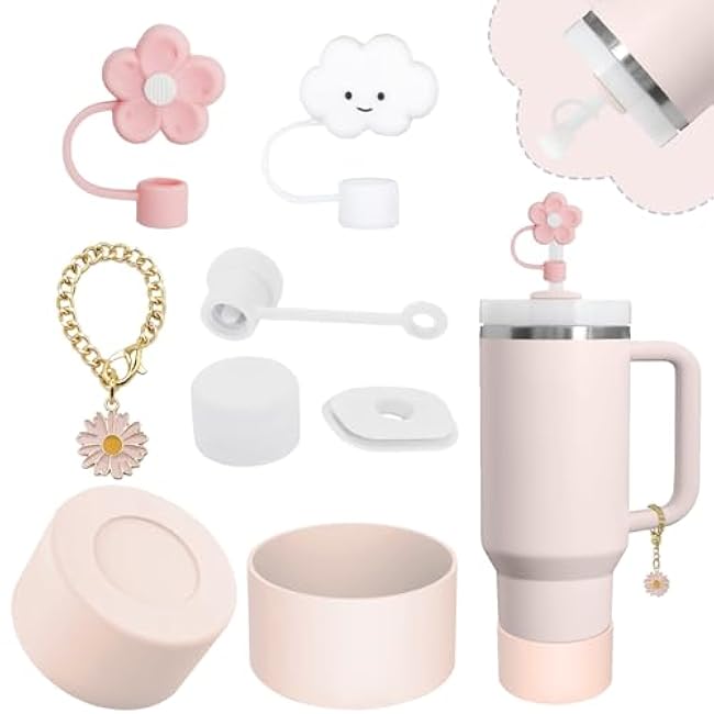 Stanley Cup Accessories Set,Including 2 Pcs 0.4in Straw Cover, 1 Silicone Spill-Proof Stopper Set of 3, 1 Cute Flower Handle Charm, 1 Silicone Boot Fits Stanley 40&30 Oz Tumbler (Cream)
