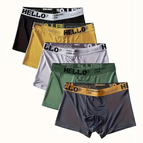 5 Pairs Mens Breathable Ice Boxer Briefs Comfortable Mid-Waist Underwear with Elastic Waistband Quick-Drying Fabric Black/Deep Grey/Light Grey/Green/Yellow M