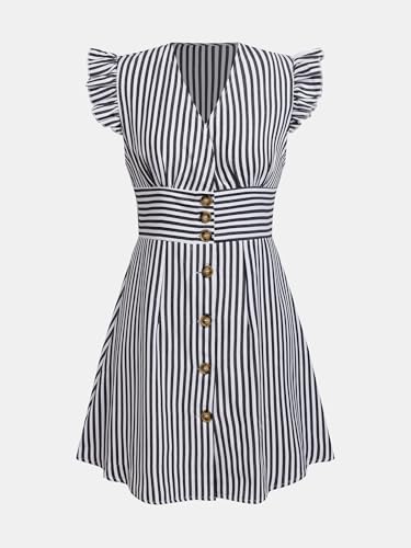 Image of CUPSHE Women's Striped Summer Dresses V Neck Casual Mini Dress Flutter Sleeve Ruffle Button Sundresses