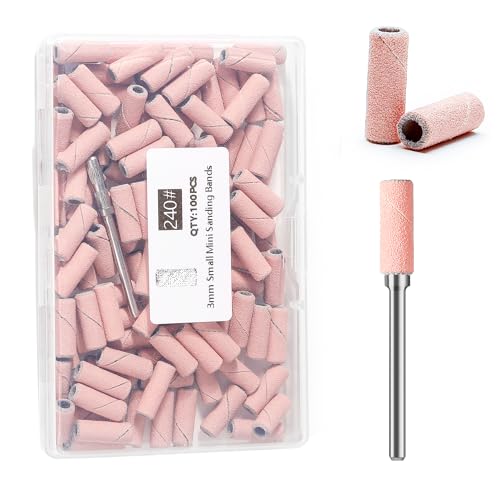 ERUIKA 100pcs Nail Drill Bits Small Sanding Bands with 3.1mm Mandrel Bit, 240 Extra Fine Grit Nail File Sanding Bands for Acrylic Nails Gel Removing Shaping Manicures and Pedicure (Pink, 240 Grit)