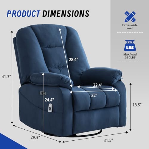 Image of Power Swivel Rocker Recliner Chair for Adults, Electric Rocking Recliner with Massage and Heat for Living Room Bedroom, Fabric Reclining Sofa Chair with USB and Type-C Ports,Navy Blue