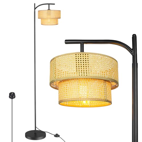 ArcoMead Arc Floor Lamp for Living Room, Industrial Black Standing Lamp with Rattan Double Tier Shade Handmade Floor Light, Boho Reading Tall Lamp for Bedroom Office E27 (No Bulb)