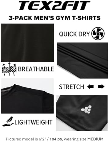 TEX2FIT Multi Pack Men's T Shirts Short Sleeve Quick Dry Workout Gym Shirts for Men (3 Pack, Black/Dark Grey/Light Grey, Medium) - 2