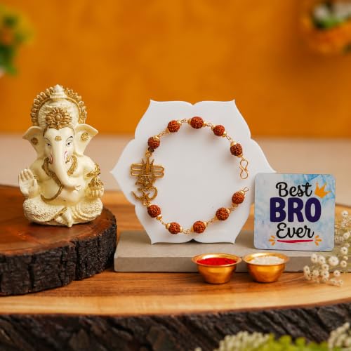 Image of ecraftindia Rudraksha Om Trishul Rakhi Gift Set for Brother | Designer Rudraksha Rakhi with Best Bro Ever Fridge Magnet, Lord Ganesha Showpiece & Roli Chawal | Raksha Bandhan Gift Combo