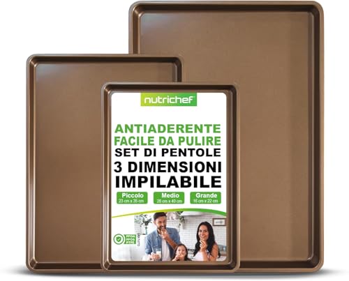 NutriChef Set 3 Teglie da Forno Antiaderenti in Acciaio al Carbonio - Include Taglie XL, Medie e Piccole - Versatili per Cottura e Arrostimento, Lavabile in Lavastoviglie - Oro