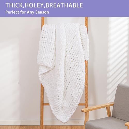 Bigacogo Chunky Knit Throw Blanket for Couch, 40x40 inches, 100% Hand Knitted with Thick Jumbo Chenille Yarn, Cozy Soft Large Rope Knot Cable Crochet Blankets for Sofa Bed Living Room, White