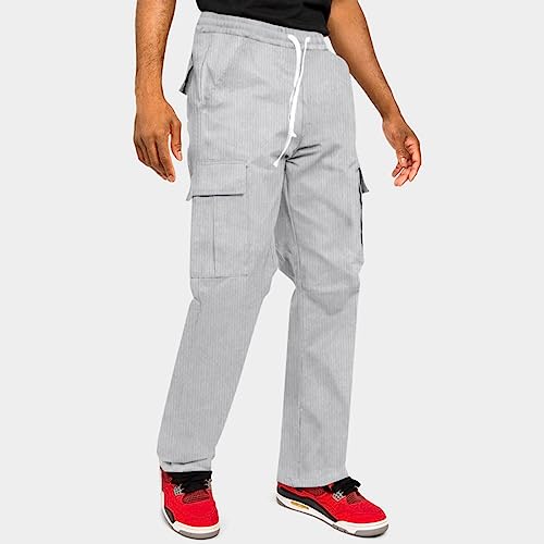 Mens Corduroy Pants Straight Leg Casual Cargo Pants Solid Color Elastic Waist Drawstring Sweatpants with Pockets3