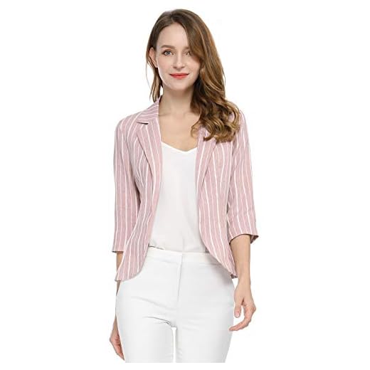 Allegra K Women's Striped 3/4 Sleeves Open Front Notched Lapel Blazer Medium Pink