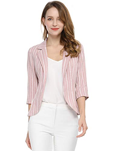 Allegra K Women's Striped 3/4 Sleeves Open Front Notched Lapel Blazer M Pink