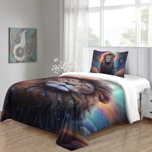 Housse de couette lion 3D 135x200 cm avec 2 taies d'oreiller zippées pour lit enfant