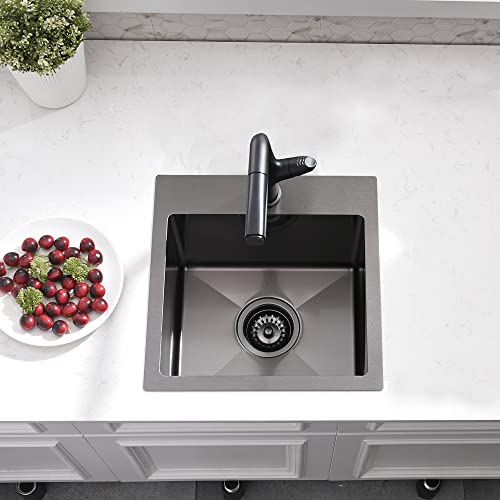15 Inch Black Drop In Bar Sink-Wmxqx 15X15 Matte Black Stainless Steel Bar Sink Topmount Rv Sink 16 Gauge Deep Single Bowl Small Kitchen Sink With Dish Grid& Strainer #TOP2