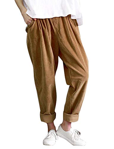 IDEALSANXUN Women's Retro Thick Corduroy Elastic Waist Loose Fit Casual Harem Pants Trousers