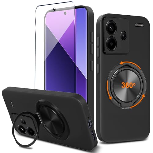 Compatible for Xiaomi Redmi Note 13 Pro Plus 5G Phone Case with Screen Protector, 360° Rotatable Ring Holder Kickstand/Stand Silicone TPU Protective Cover Case for Redmi Note 13 Pro+ Plus - Black