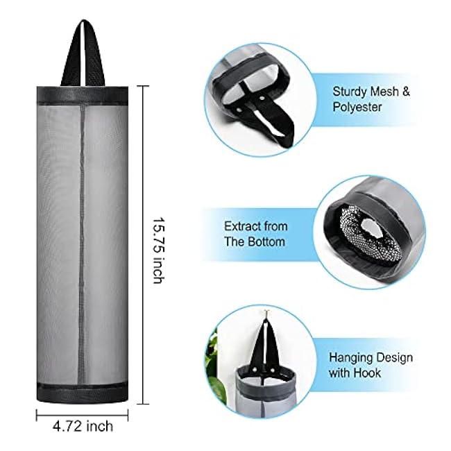 Bag Holder for Plastic Bags, 2 Pcs Polyester Grocery Bag Holder Plastic Dispenser Foldable Breathable Washable Hanging Mesh Garbage Bag Organizer for Kitchen Plastic Bag Storage (Gray)