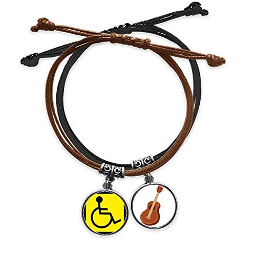 Pulsera cuerda mano cadena cuero negro con amuleto cuadrado amarillo advertencia discapacitado