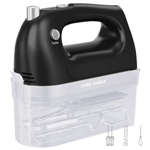Image of Lord Eagle Hand Mixer Electric Handheld 400W, 5-Speed Lightweight Kitchen Mixer with Storage Case, 5 Stainless Steel Attachments for Baking Cake Egg Cream Food Beater, Turbo+Eject Button, Black