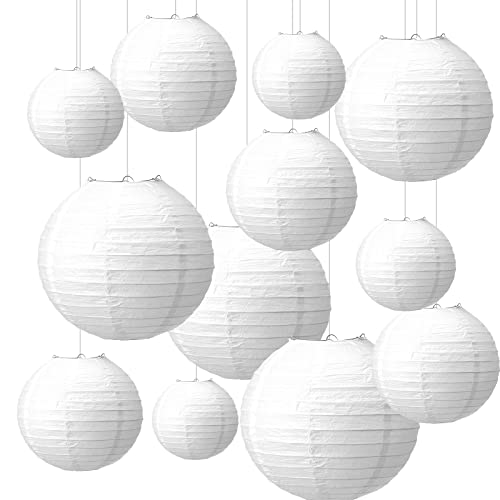 yumcute 12 Pièces Lanterne en Papier Blanc, Lampion Rond Papier avec Fil Élastique Transparent, Lanterne Papier Suspensions pour Deco Mariage Champetre, Maison et Fête(15cm, 20cm, 25cm)