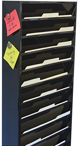 Displays2Go File Folder Wall Rack With 11 Tiered Pockets, Shows Only The Top Portion Of A File Folder, Office Filing Rack For Wall Mount - Black Powder-Coated Steel #TOP4