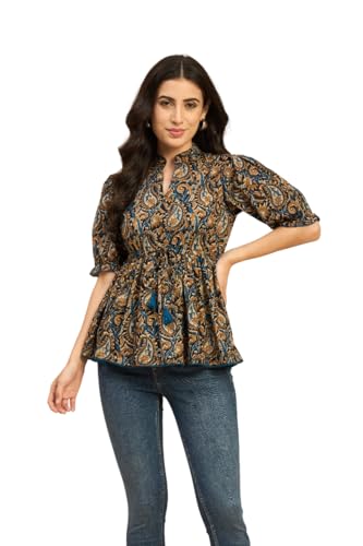 Image of Azira Cotton Printed Mandarin Collar | Blue Color | Casual Top | Woman Top| Tops for Woman | Stylish Summer Wear