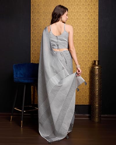 Image of SWORNOF Women's Linen Cotton Silk Saree with Unstitched Blouse Piece | Saree for Women | Saree with Blouse Piece | Soft and Skin Friendly