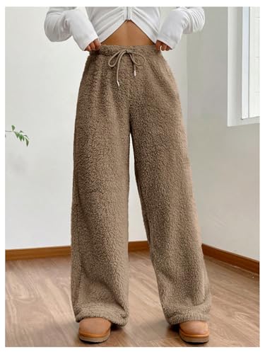 Women's Drawstring High Waisted Fuzzy Pants Cozy Wide Leg Casual Lounge Trousers3