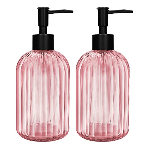 Pack of 2 Glass Soap Dispenser with Black Pump, 400 ml Refillable Pump Dispenser for Kitchen, Bathroom, Laundry Room, Liquid Glass Bottle for Washing Up Liquid, Shampoo, Conditioner (Pink)